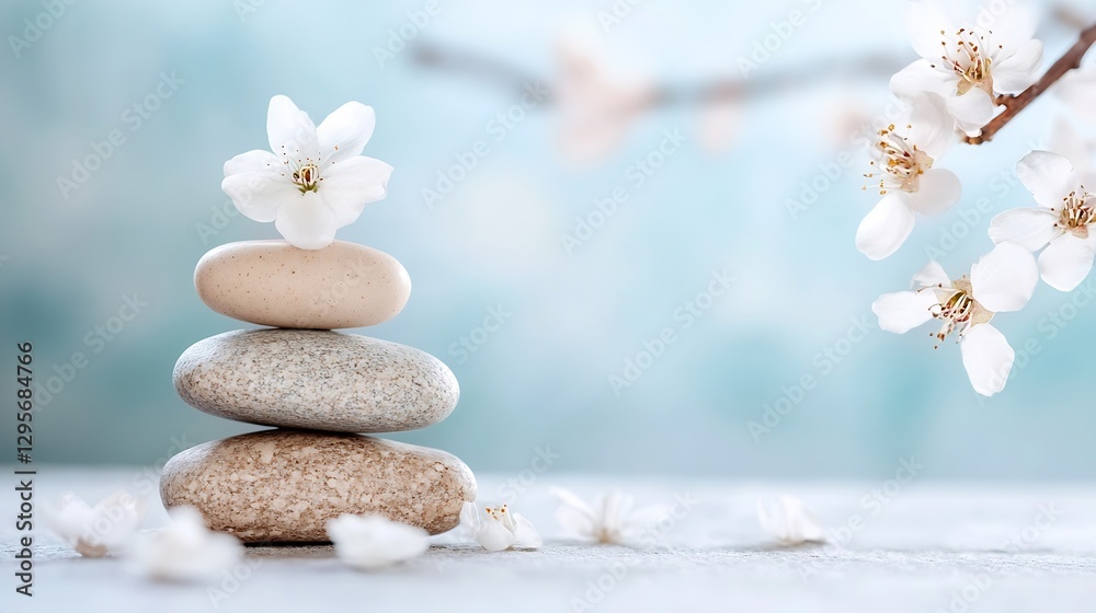 Poster Stacked Smooth Stones with Delicate White Flowers Creating a Serene Atmosphere : Generative AI