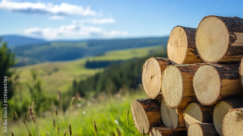 Poster Stack of cut logs with their natural rings visible set against a backdrop of rolling hills and blue sky : Generative AI