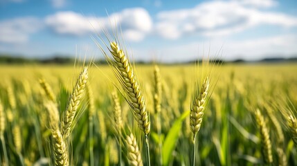 Obraz premium Golden wheat field swaying gently under blue skies adorned with cottonlike clouds in summer : Generative AI