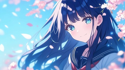 Naklejka premium 桜の木の下で髪をなびかせているアニメ調の日本人美少女