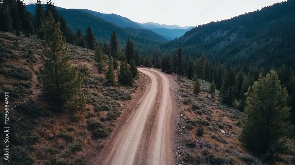 Poster winding dirt road through a lush forest filled with tall evergreen trees and mountain backdrop : gen