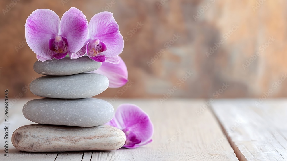 Poster elegant stacked stones adorned with vibrant pink orchids on a rustic wooden surface : generative ai