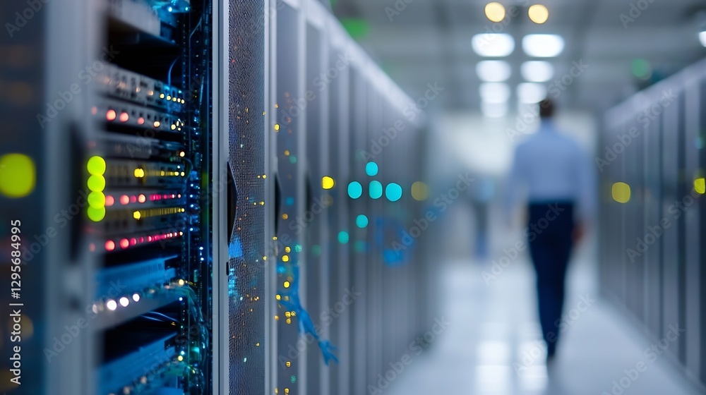 Poster Data Center Interior with Server Racks and Network Cables Illuminated by LED Lights : Generative AI