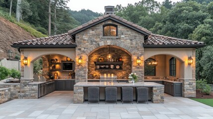 Naklejka premium Rustic outdoor kitchen with fireplace and seating area in a hillside setting