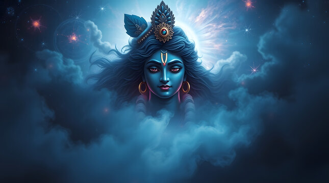 A mesmerizing digital painting of Lord Krishna, dark blue skin, serene expression, floating amidst a thick cosmic fog, swirling galaxies, and glowing nebulae in deep blues and purples.
