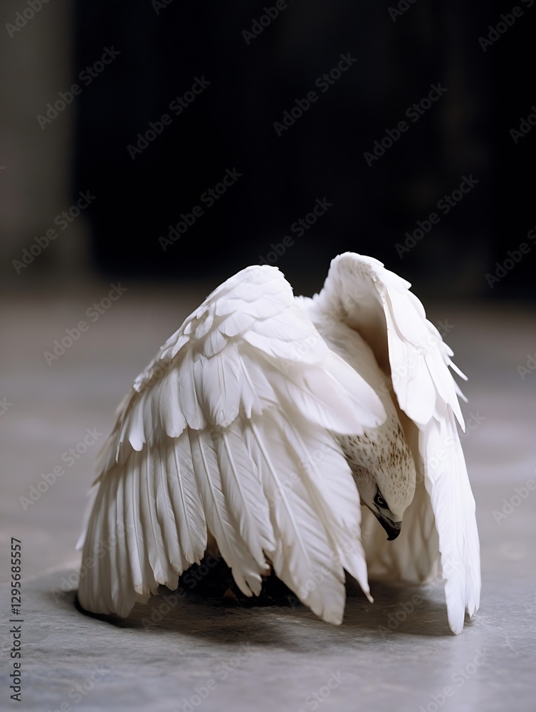 Aufkleber A stunning white bird elegantly displaying its feathers in a soft light setting : Generative AI