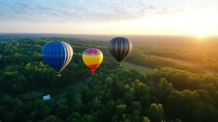 Fototapeta premium Colorful hot air balloons soaring above lush green landscape during sunrise : Generative AI