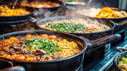 Obraz premium Street food vendor cooking noodles with meat and vegetables in large pans. Asian cuisine.