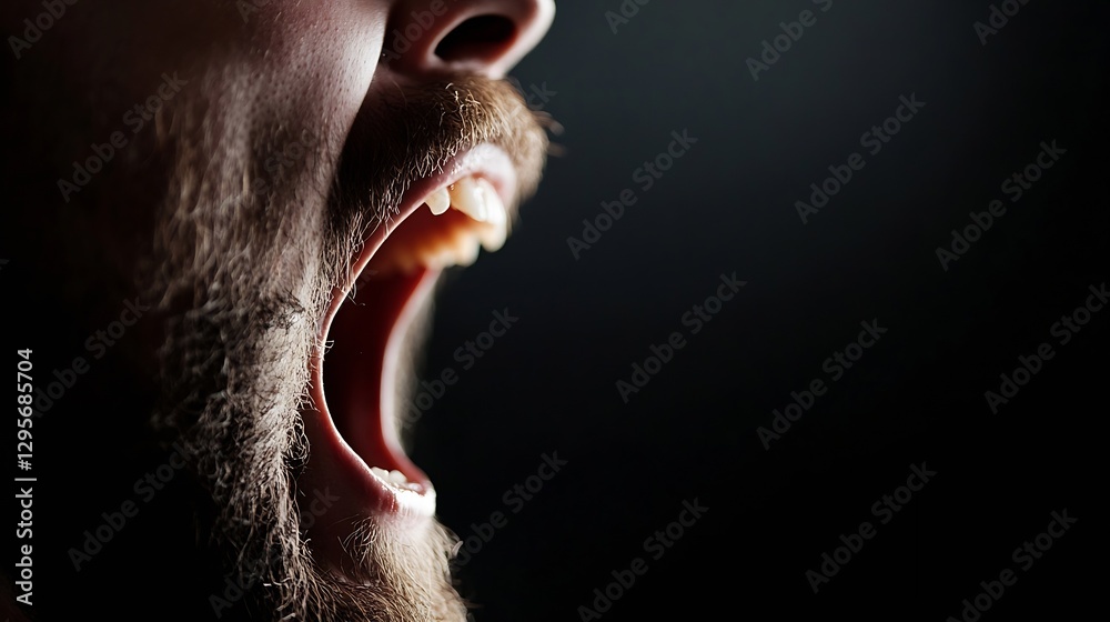 Poster intense closeup of a man passionately yawning showcasing the power of human expression in low lighti