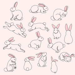 Continous line art drawing Rabbits collection. Vector illustration of cute line art bunny in different poses and actions.