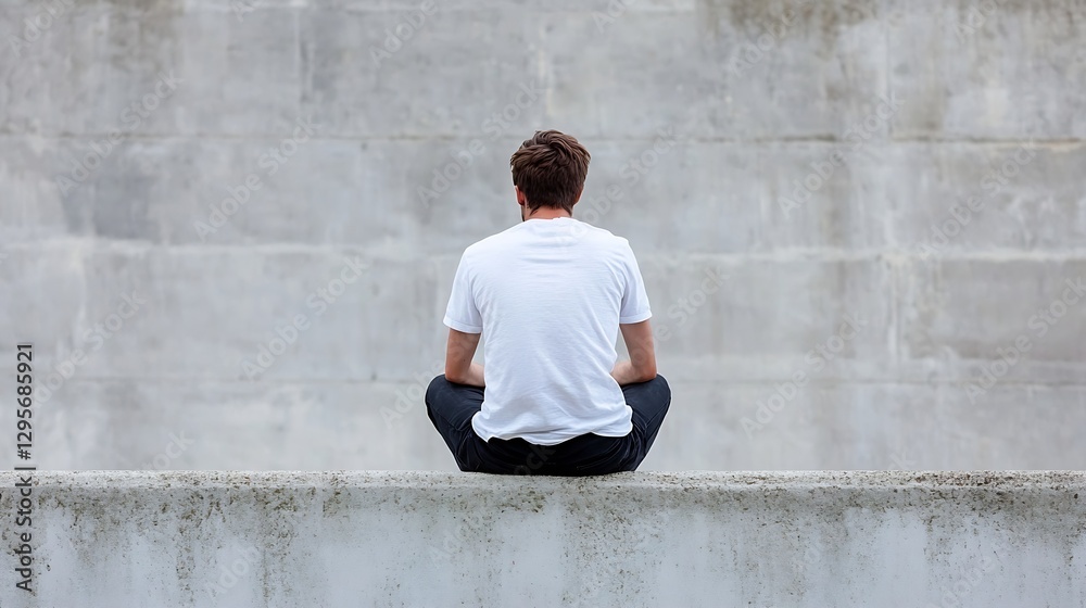 Poster young man sitting alone on a concrete ledge reflecting in a serene urban environment : generative ai