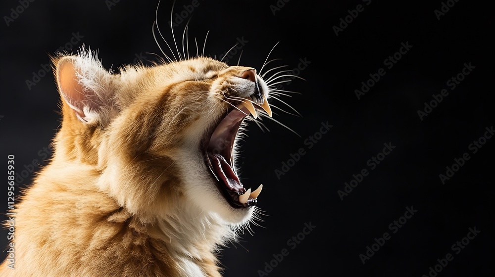 Poster majestic orange cat yawning openly showcasing its sharp teeth and furry features : generative ai
