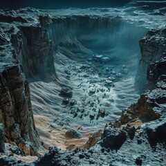 Alien Landscape with Crater and Futuristic Structures at Night