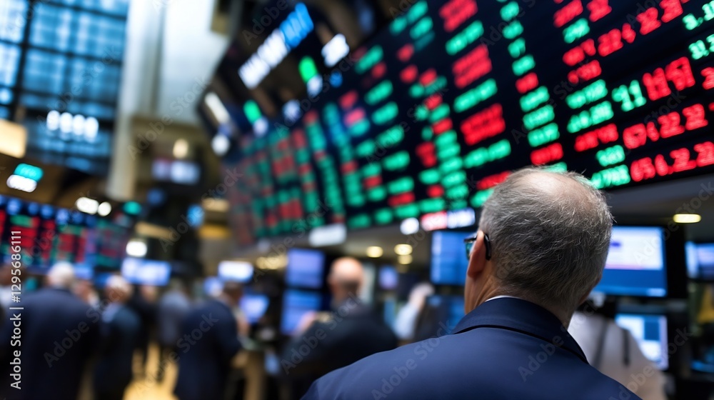 Poster Busy stock market trading floor showing screens with live financial data and traders : Generative AI