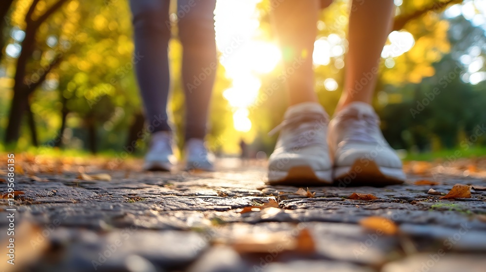 Poster close up of sneakers on a path surrounded by autumn trees and golden sunlight : generative ai