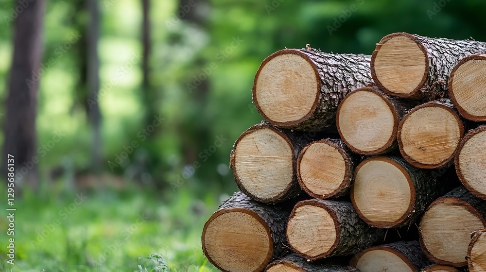 Aufkleber stack of freshly cut logs ready for use in a lush green forest : generative ai