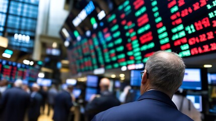 Busy stock market trading floor showing screens with live financial data and traders : Generative AI