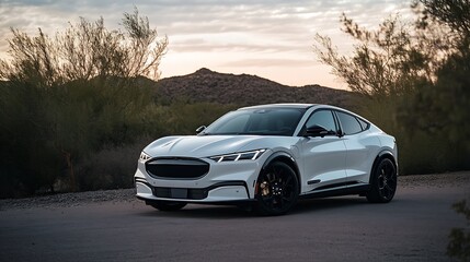Sleek electric car parked on a desert road with a mountain backdrop : Generative AI
