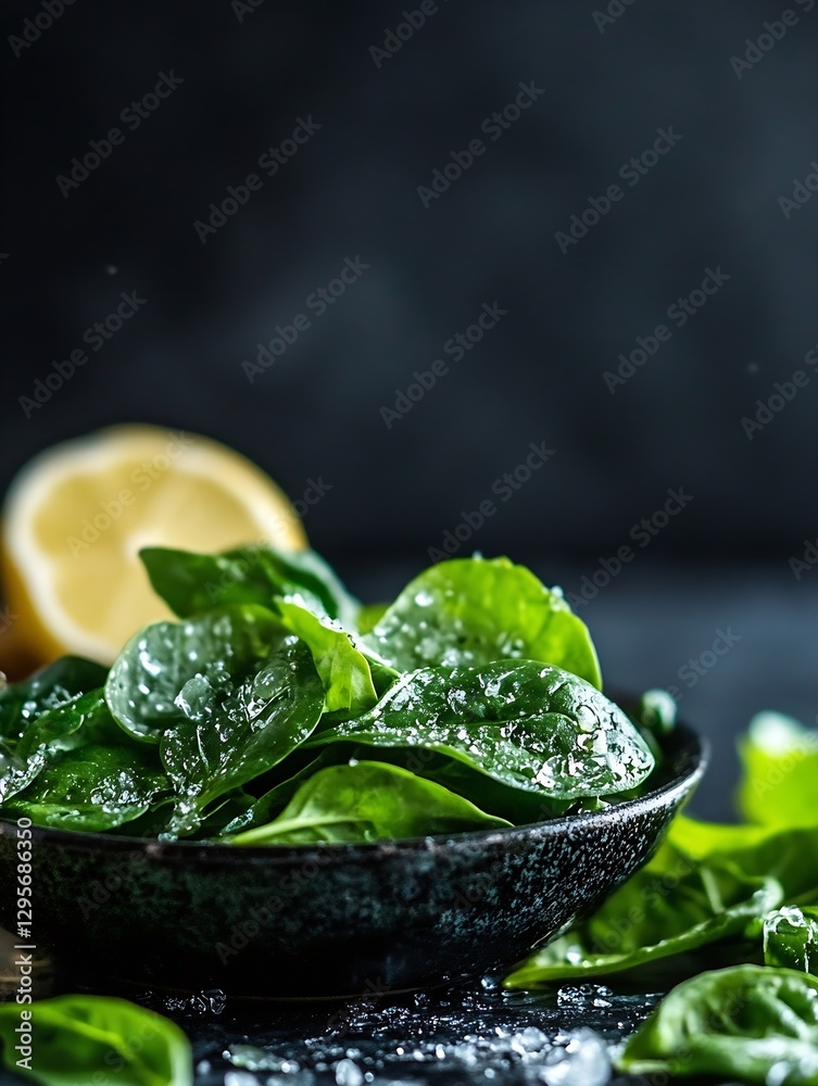 Aufkleber fresh green spinach leaves in a dark bowl with a lemon in the background : generative ai