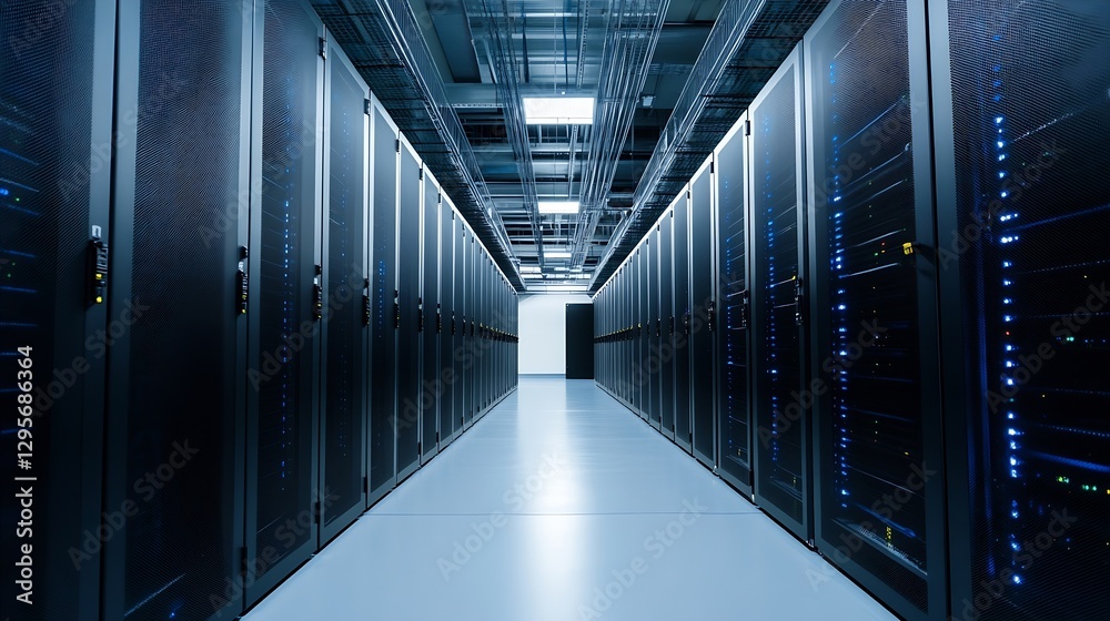 Poster Inside a modern data center with rows of servers illuminating the high tech landscape : Generative AI