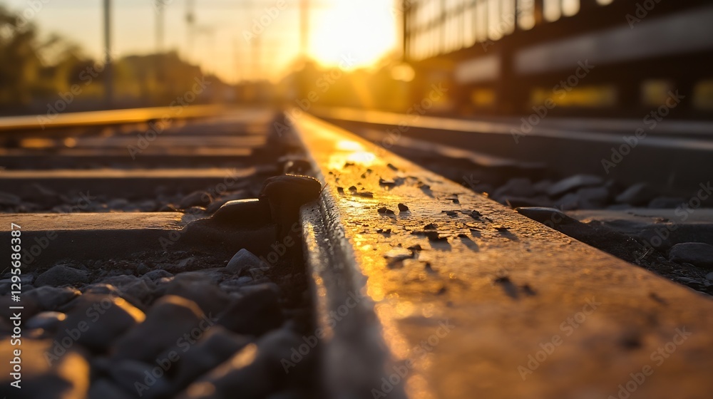 Poster golden sunset over train tracks captured in close up perspective : generative ai