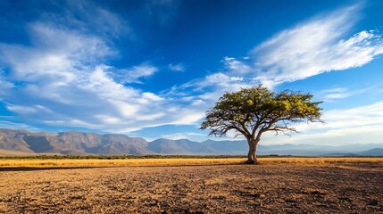 Fototapeta premium Solitary tree on a warm sunny day with blue skies and vast arid land : Generative AI