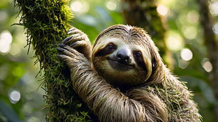 Naklejka premium A relaxed clinging to a moss-covered tree, slowly reaching for a nearby leaf, with soft jungle sunlight filtering through the canopy