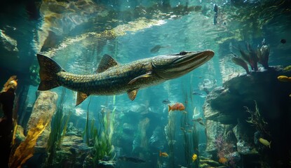 Majestic Freshwater Pike Swimming Gracefully Through Lush Underwater Environment Surrounded by Vibrant Aquatic Life in Crystal Clear Water