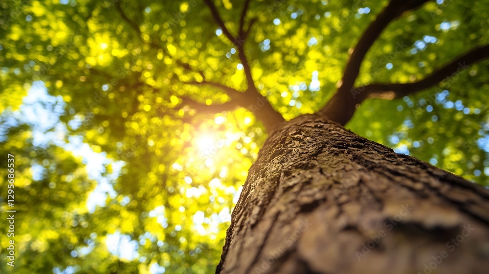 Poster majestic view of a towering tree capturing sunlight through lush green leaves in a natural setting :