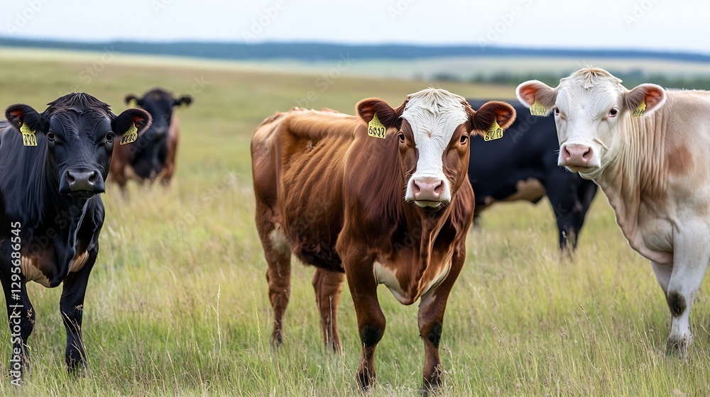 Poster a group of curious cows exploring a vast green pasture under a clear blue sky : generative ai