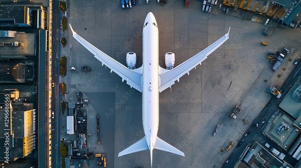 Poster impressive overhead view of modern passenger airplane parked on airport runway : generative ai