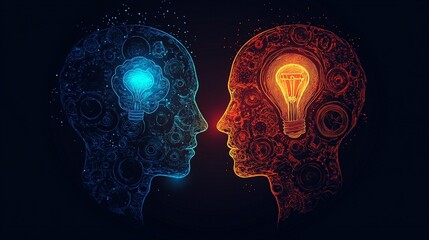 Two heads, blue and red, facing each other, with lightbulbs inside representing ideas and innovation.