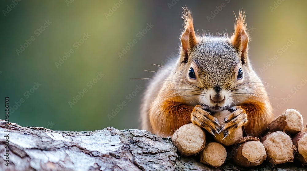 Poster Cute and playful squirrel perched on a tree stump surrounded by nuts in a vibrant natural setting : Generative AI