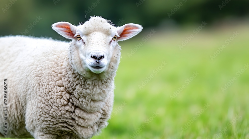 Poster closeup of a playful sheep in a green meadow under natural light : generative ai