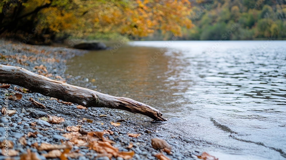 Poster Serene lake view with autumn leaves and a fallen log by the shoreline : Generative AI