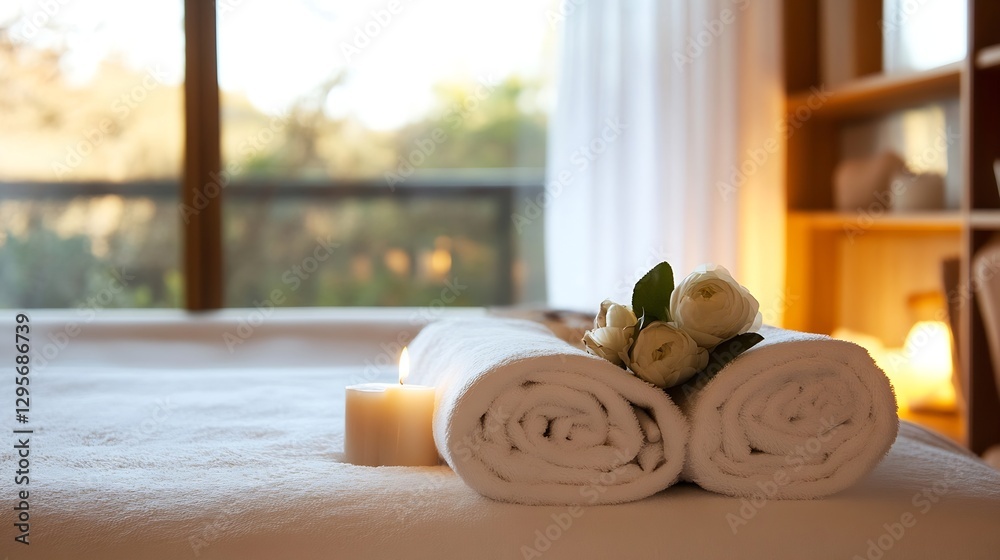 Poster luxurious spa setting with rolled towels flowers and a calming candle light atmosphere : generative 