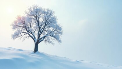 Fototapeta premium Snowy tree with thin misty fog in the distance, snowy tree, bare, snow-covered
