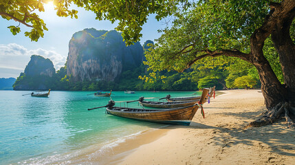 Obraz premium Boat on the Beach in Thailand with Turquoise Water and Clear Sky