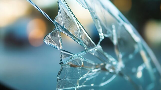 Close up of shattered glass showing intricate patterns and reflections in the light : Generative AI