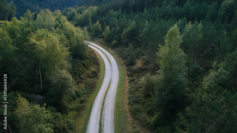 Poster winding trail through lush green forest surrounded by verdant trees captured from above : generative