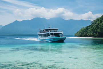 Scenic Tropical Island Ferry Boat Cruise Ship Sailing on Turquoise Water