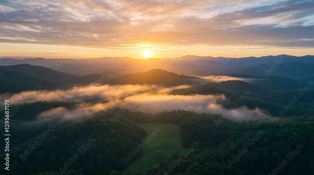 Poster aerial view of sunrise over lush green mountains with mist creating a serene landscape : generative 