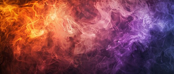 Fototapeta premium Vivid display of red, purple, and orange smoke drifting across a black backdrop in a wide panoramic format