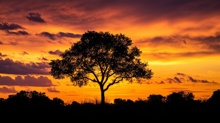 Majestic Silhouette of a Tree at Sunset Vibrant Orange Sky Dramatic Cloudscape