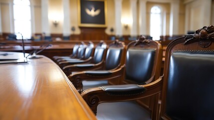 Elegant and historical courtroom interior with wooden chairs ready for legal proceedings : Generative AI