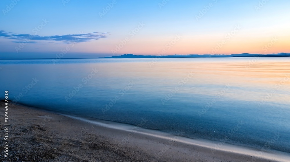 Poster a serene sunset over calm waters with a sandy beach creating a peaceful atmosphere in nature : gener