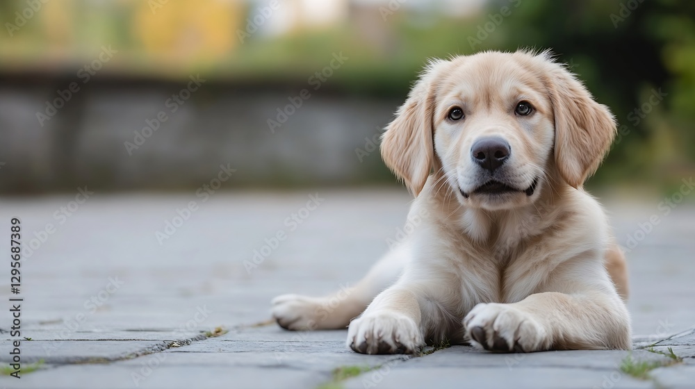 Aufkleber adorable golden retriever puppy lying on paved surface enjoying the day : generative ai