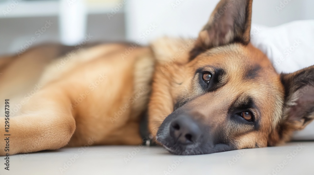 Poster a close up image of a relaxed german shepherd dog resting on the floor with soft light : generative 