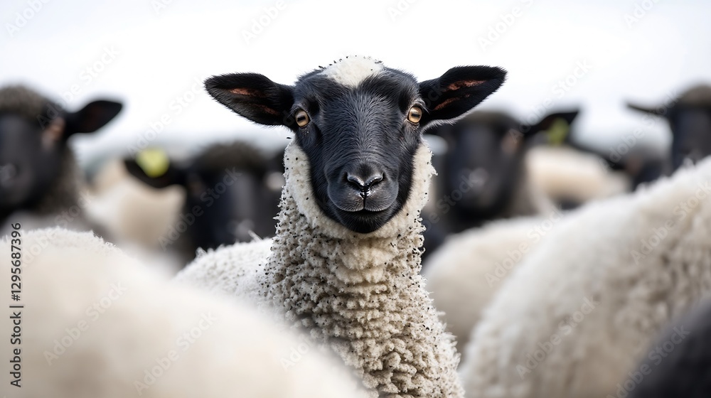 Poster Curious sheep standing out among a flock with a charming expression and clear engaging gaze in a pastoral setting : Generative AI