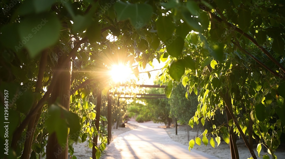 Poster Sunlight streaming through leafy trees creating a serene pathway illuminated by nature's glow : Generative AI